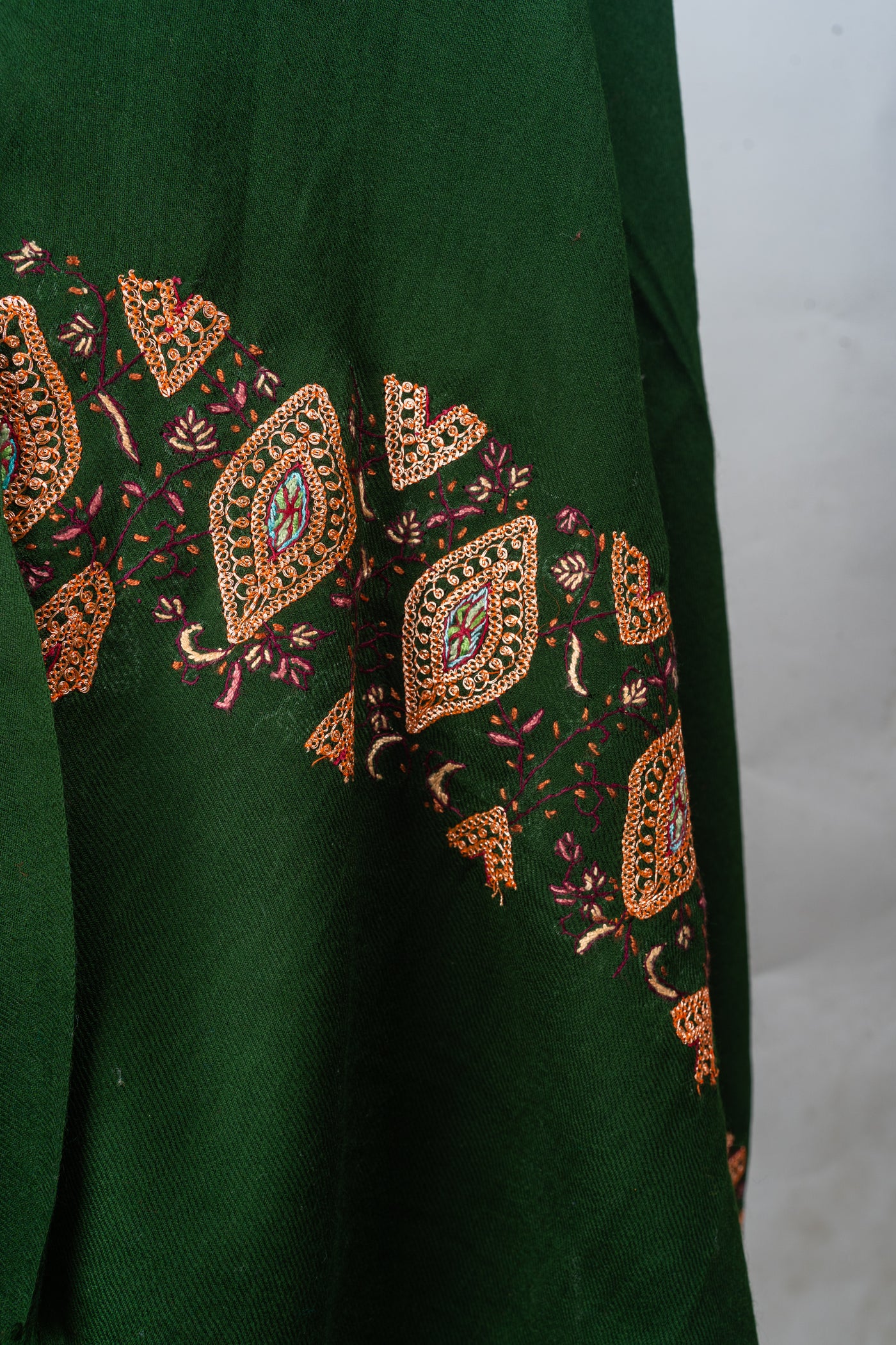 Sabzahar-e-Sozni: Kashmiri Hand Embroidered Emerald Suit with Sozni and Tilla Embroidery