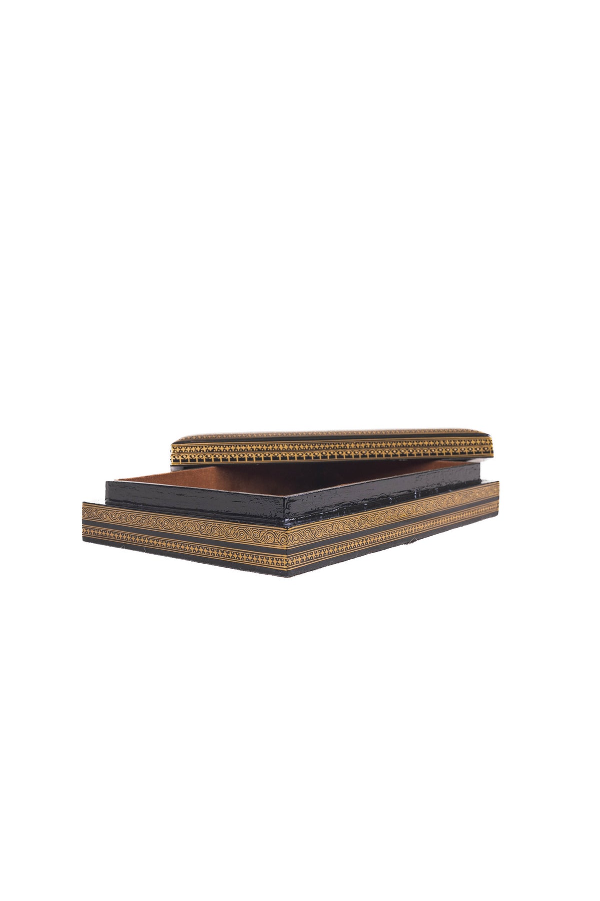 Low side view of the rectangular paper mache box with its lid slightly raised, showing narrow gold borders on black.