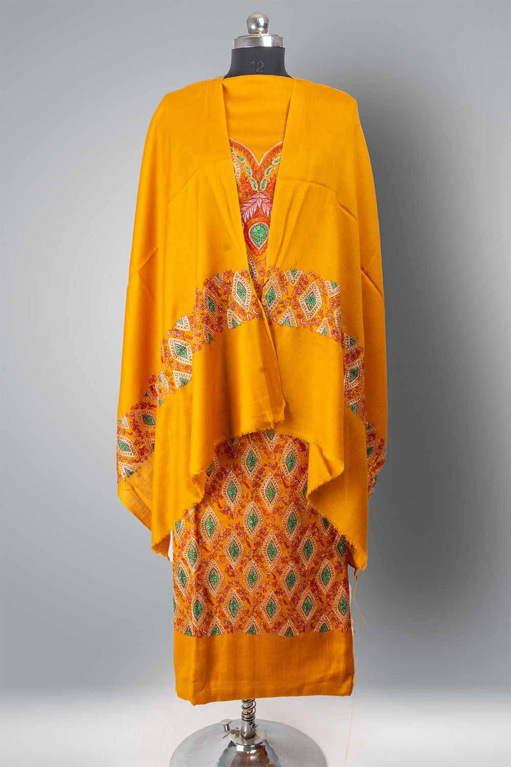 Zarrin-Dara: Kashmiri Hand Embroidered Marigold Suit with Sozni and Tilla Embroidery