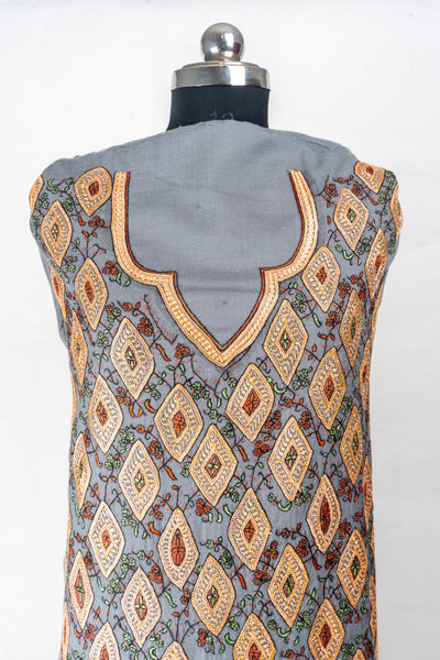 Zebaish Sozni-Tilla: Kashmiri Hand Embroidered Slate Grey Suit with Sozni and Hand-Tilla Embroidery