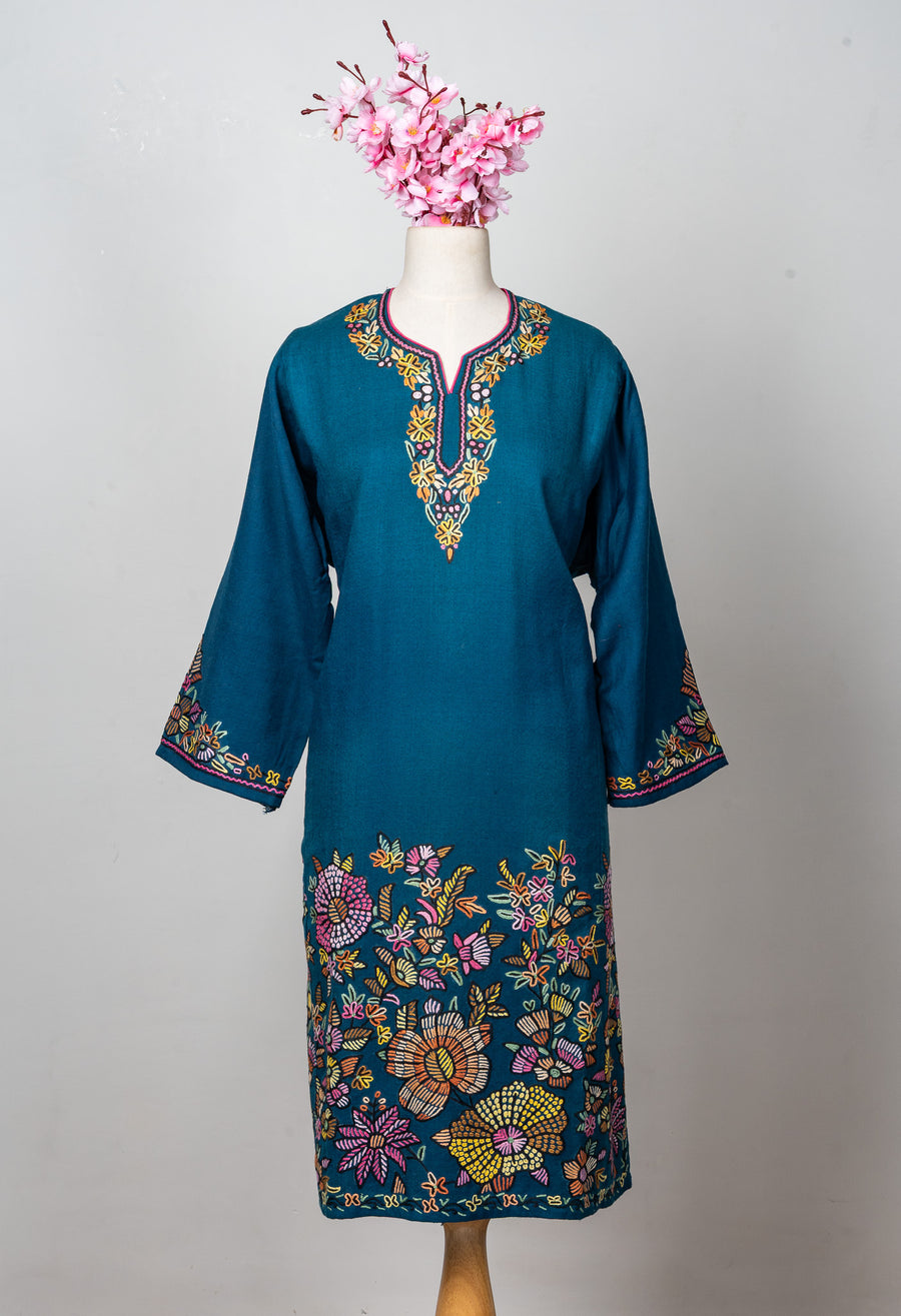 Floral Tapestry Sozni Hand Embroidered Fine Merino Wool Pheran