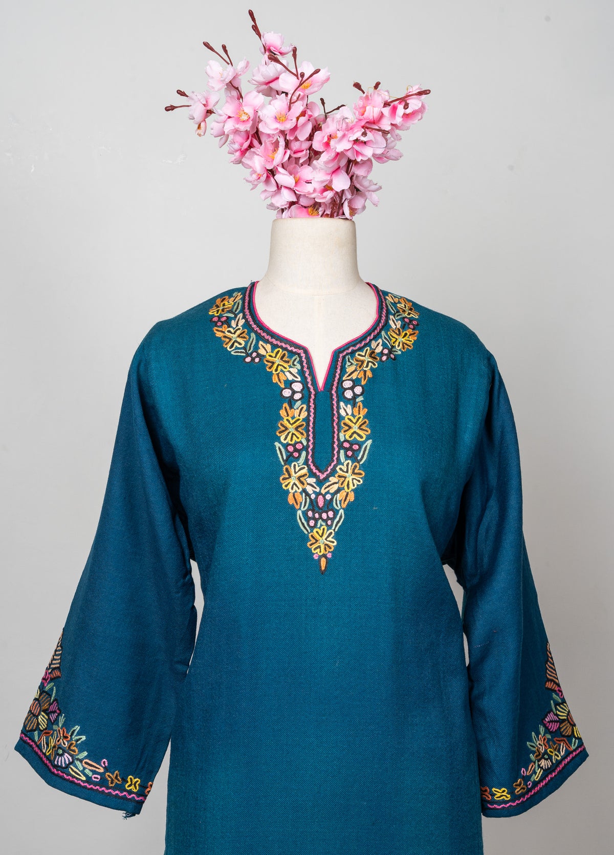 Floral Tapestry Sozni Hand Embroidered Fine Merino Wool Pheran