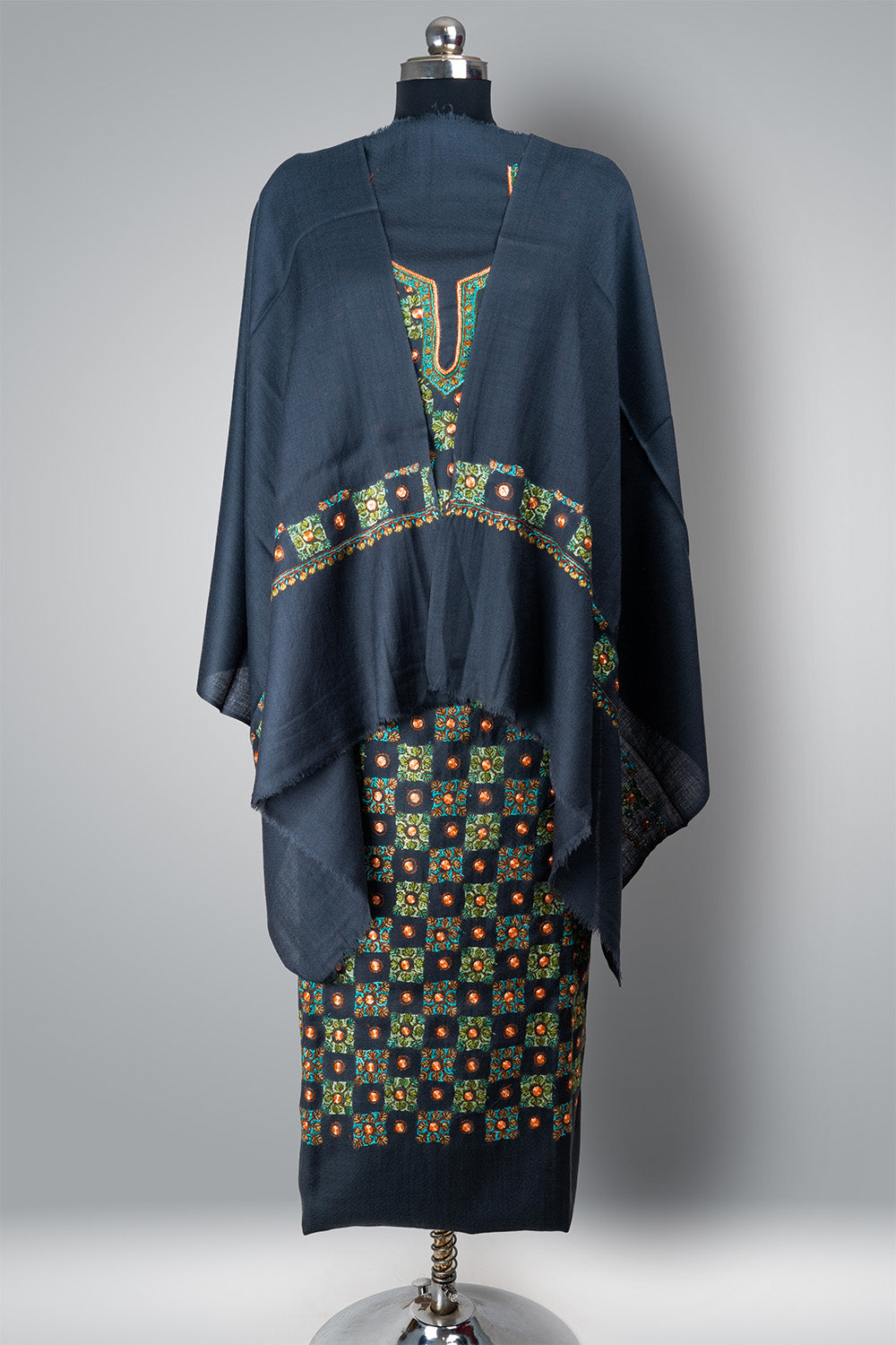 Shamshad Sozni-Tilla: Kashmiri Hand Embroidered Navy Suit with Sozni and Hand-Tilla Embroidery