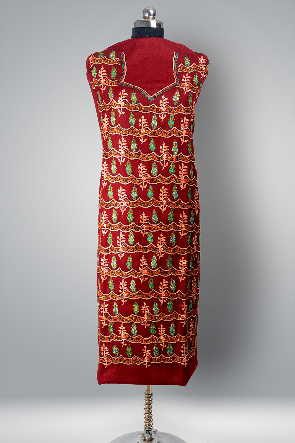 Roshanara Sozni-Tilla: Kashmiri Hand Embroidered Crimson Suit with Sozni and Hand-Tilla Embroidery