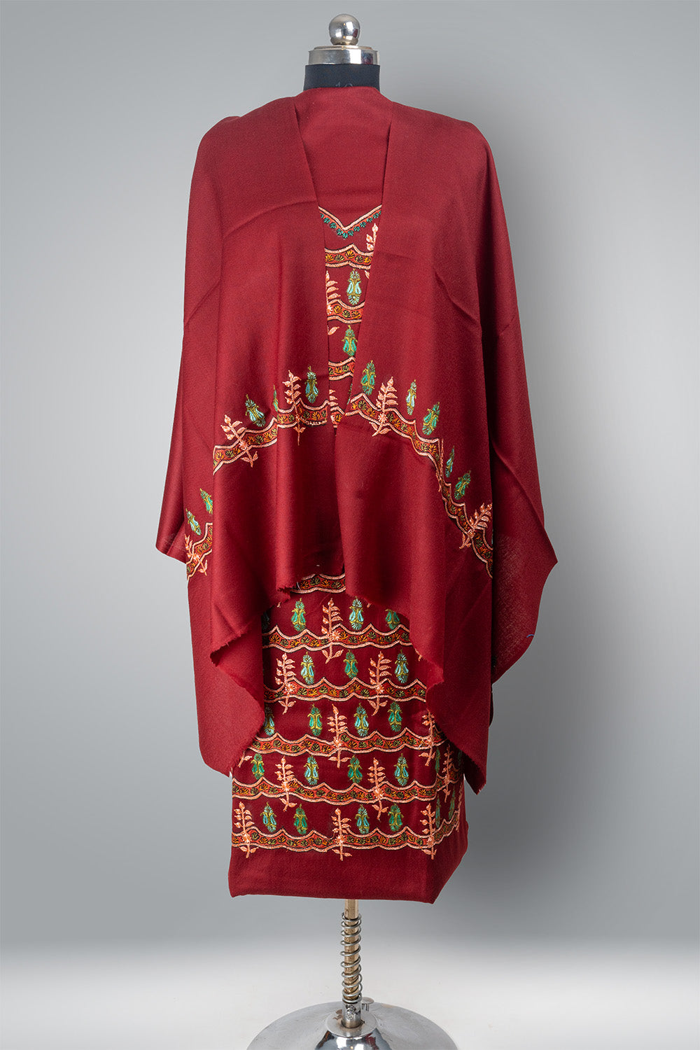 Roshanara Sozni-Tilla: Kashmiri Hand Embroidered Crimson Suit with Sozni and Hand-Tilla Embroidery