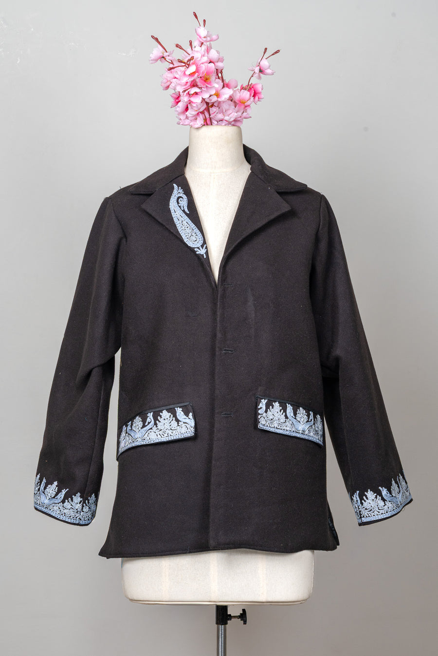 Midnight Laurel: Aari Embroidered Fine Merino Wool Jacket
