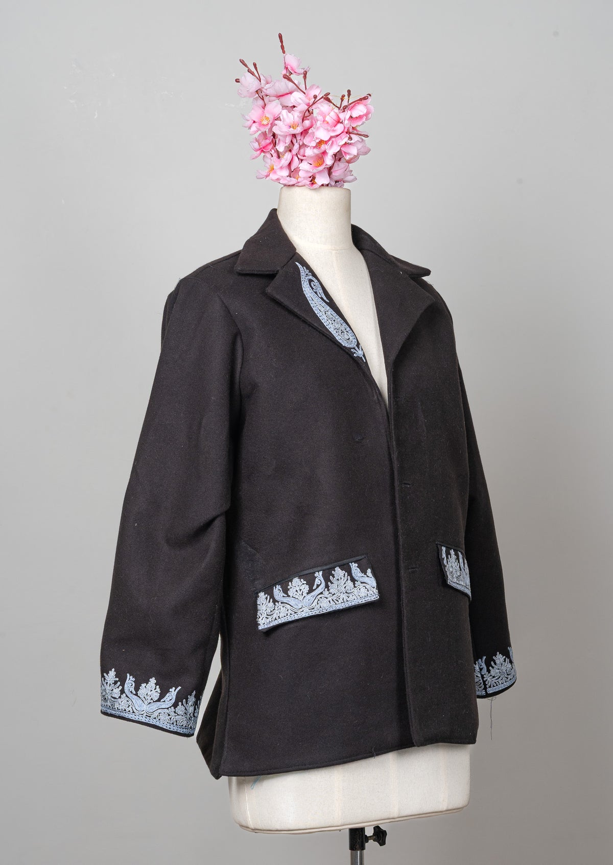 Midnight Laurel: Aari Embroidered Fine Merino Wool Jacket