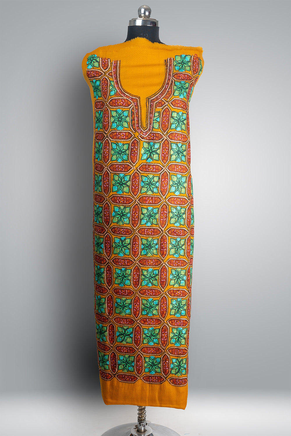 Sunehri-Tilla Sozni: Kashmiri Hand Embroidered Goldenrod Suit with Sozni and Hand-Tilla Embroidery