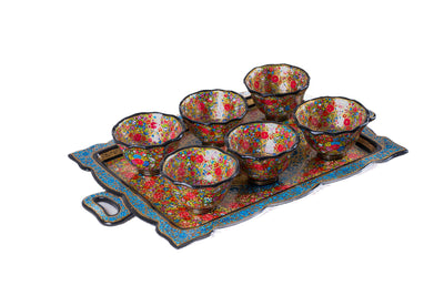 Garden Symphony Hand-Painted Paper Mache Tray & 6 Cups Set