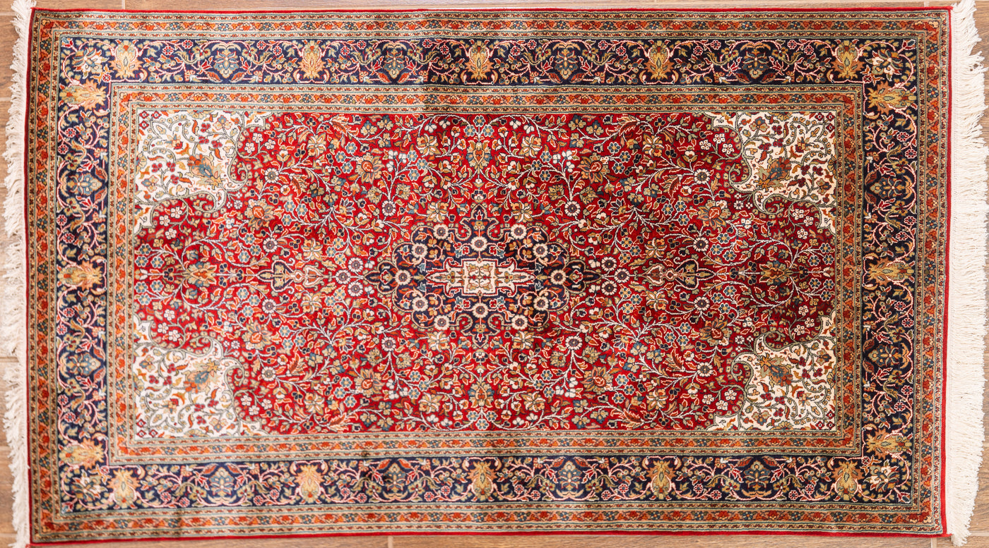 Crimson Elegant Carpet - Hand Knotted Pure Silk Kashmiri Carpet (3ft * 5ft)