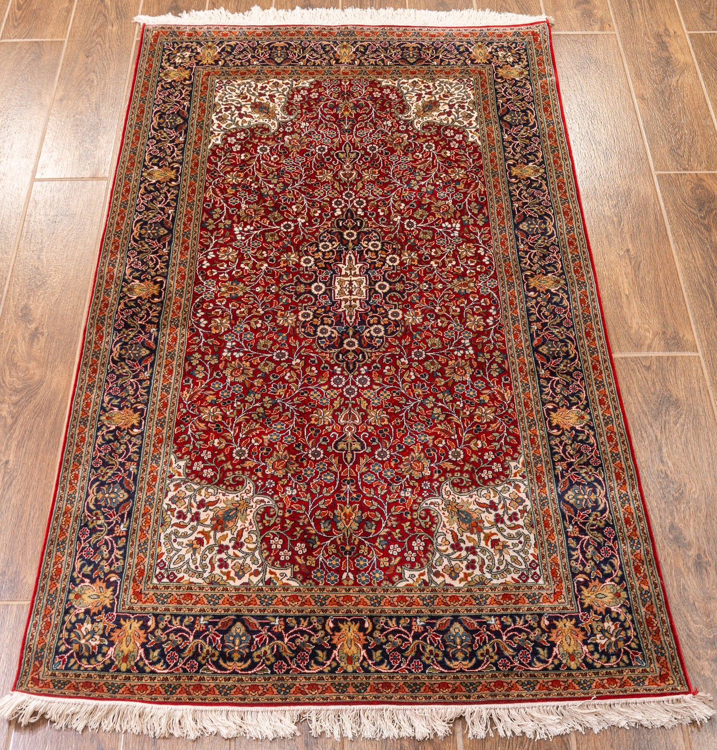 Crimson Elegant Carpet - Hand Knotted Pure Silk Kashmiri Carpet (3ft * 5ft)