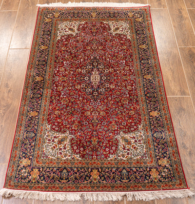 Crimson Elegant Carpet - Hand Knotted Pure Silk Kashmiri Carpet (3ft * 5ft)