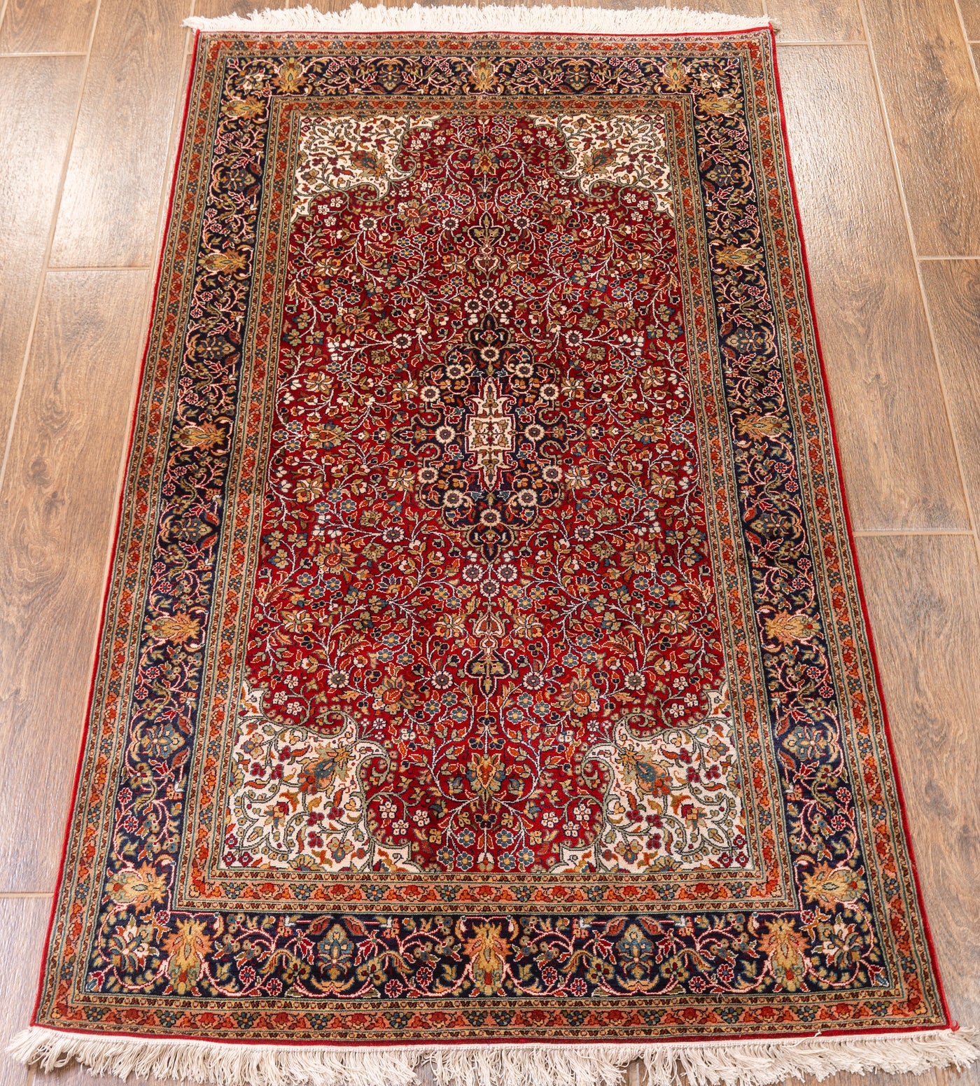 Crimson Elegant Carpet - Hand Knotted Pure Silk Kashmiri Carpet (3ft * 5ft)