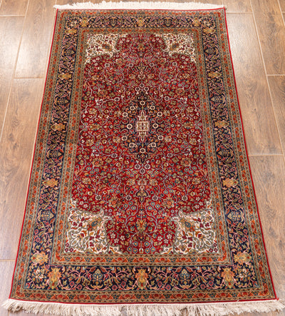 Crimson Elegant Carpet - Hand Knotted Pure Silk Kashmiri Carpet (3ft * 5ft)