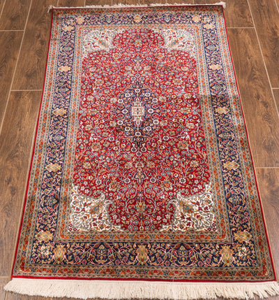 Crimson Elegant Carpet - Hand Knotted Pure Silk Kashmiri Carpet (3ft * 5ft)