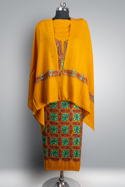 Sunehri-Tilla Sozni: Kashmiri Hand Embroidered Goldenrod Suit with Sozni and Hand-Tilla Embroidery