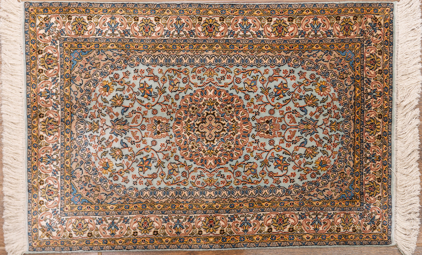 Pastel Floral  Carpet - Hand Knotted Pure Silk Kashmiri Carpet (2ft * 3ft)