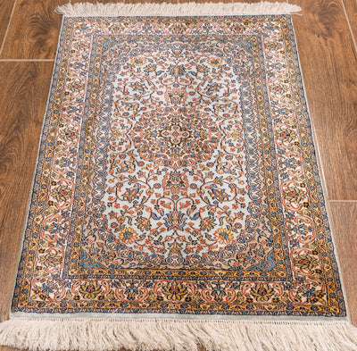 Pastel Floral  Carpet - Hand Knotted Pure Silk Kashmiri Carpet (2ft * 3ft)