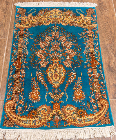 Turquoise Majestic Medallion Carpet - Hand Knotted Pure Silk Kashmiri Carpet (2ft * 3ft)