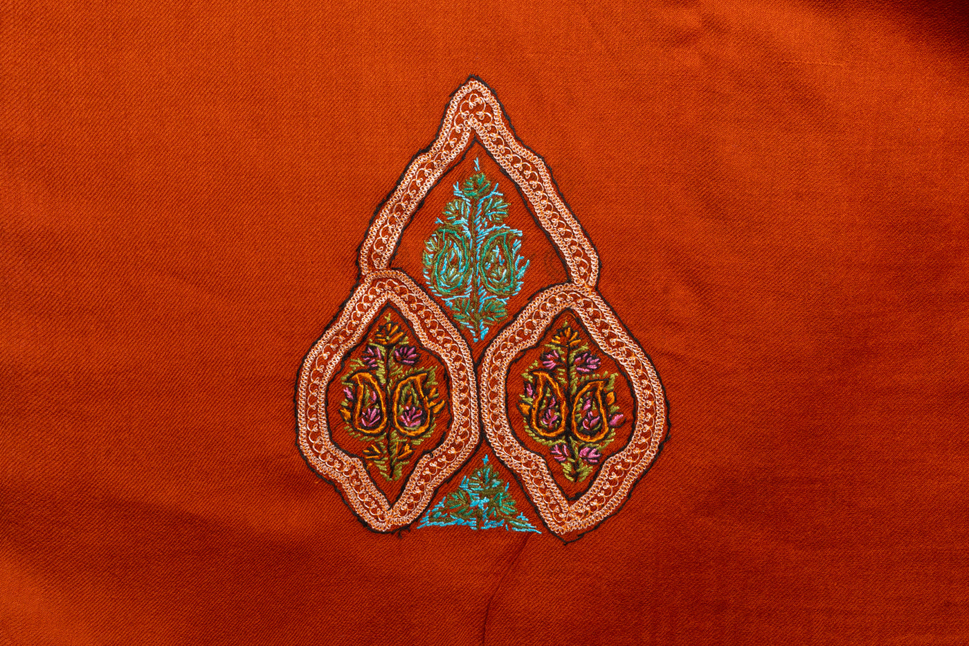Naranji Roshan: Kashmiri Hand Embroidered Citrine Suit with Sozni and Tilla Embroidery
