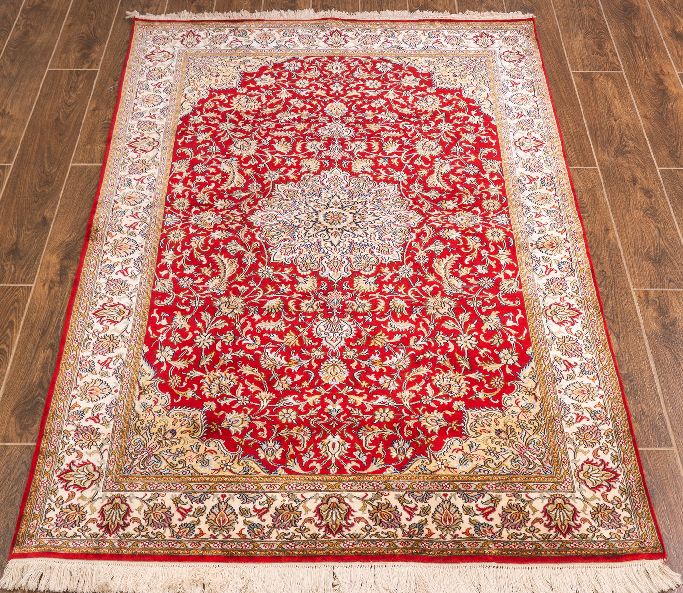 Crimson Garden of Paradise Carpet - Hand Knotted Pure Silk Kashmiri Carpet (4ft * 6ft)