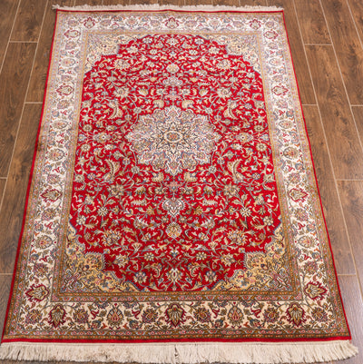 Crimson Garden of Paradise Carpet - Hand Knotted Pure Silk Kashmiri Carpet (4ft * 6ft)