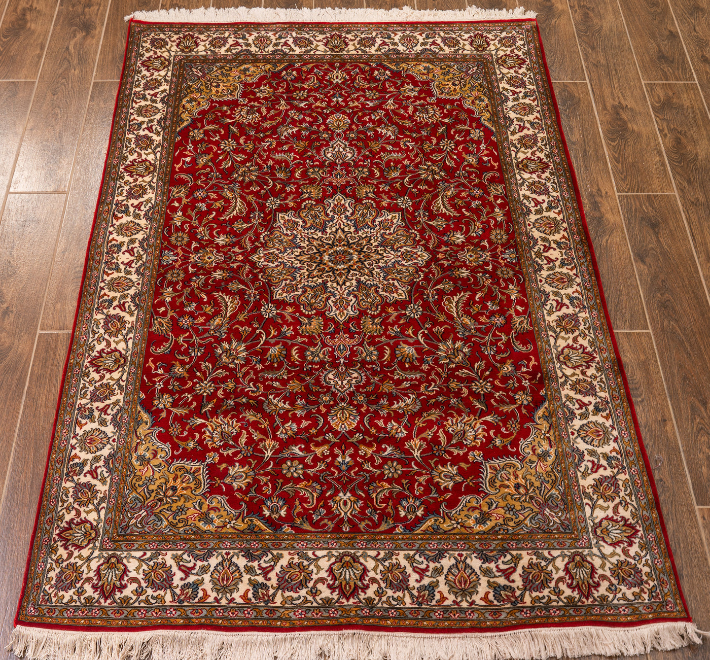 Crimson Garden of Paradise Carpet - Hand Knotted Pure Silk Kashmiri Carpet (4ft * 6ft)