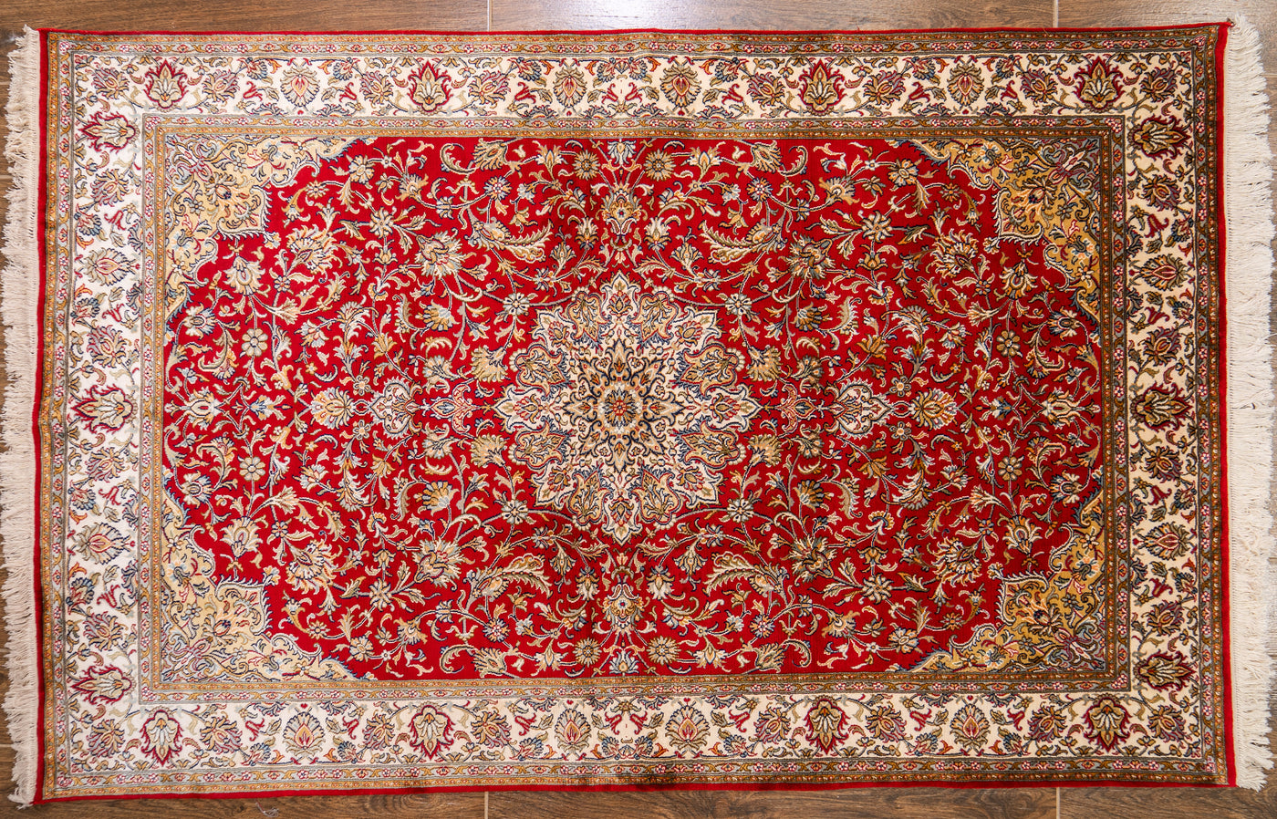 Crimson Garden of Paradise Carpet - Hand Knotted Pure Silk Kashmiri Carpet (4ft * 6ft)