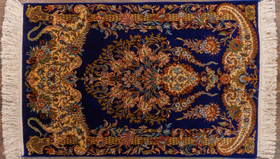 Royal Blue Baroque Carpet - Hand Knotted Pure Silk Kashmiri Carpet (2ft * 3ft)