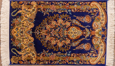 Royal Blue Baroque Carpet - Hand Knotted Pure Silk Kashmiri Carpet (2ft * 3ft)