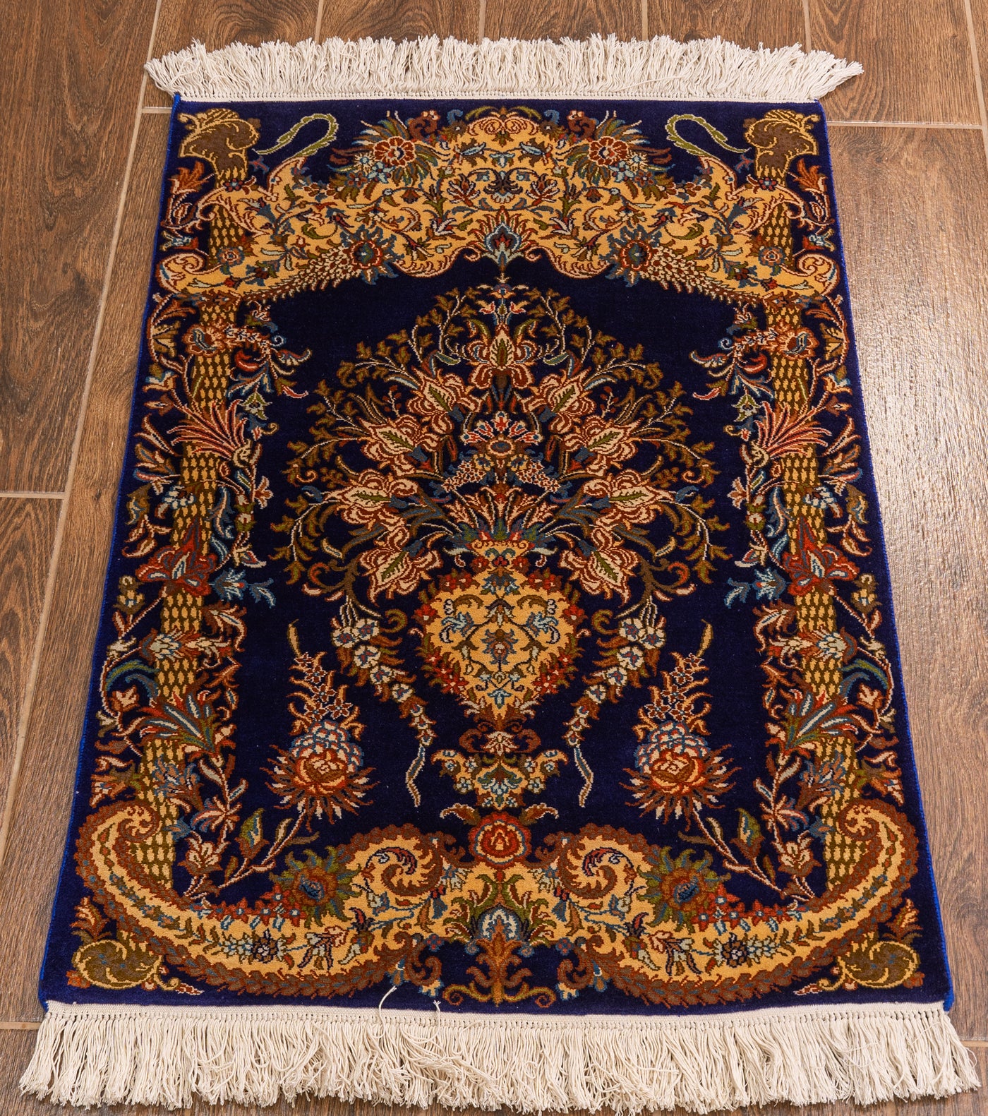 Royal Blue Baroque Carpet - Hand Knotted Pure Silk Kashmiri Carpet (2ft * 3ft)