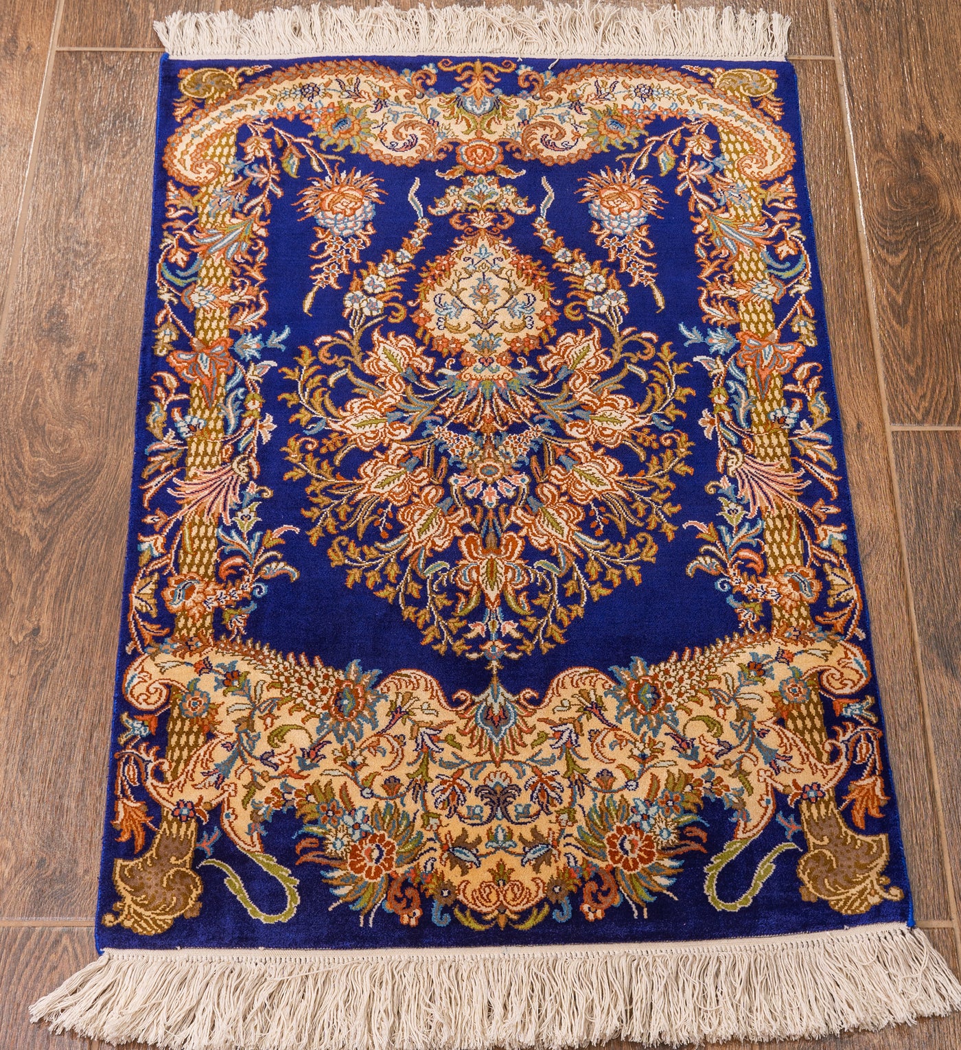 Royal Blue Baroque Carpet - Hand Knotted Pure Silk Kashmiri Carpet (2ft * 3ft)