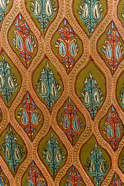 Zar-va-Sozni: Kashmiri Hand Embroidered Olive Suit with Sozni and Hand-Tilla Embroidery
