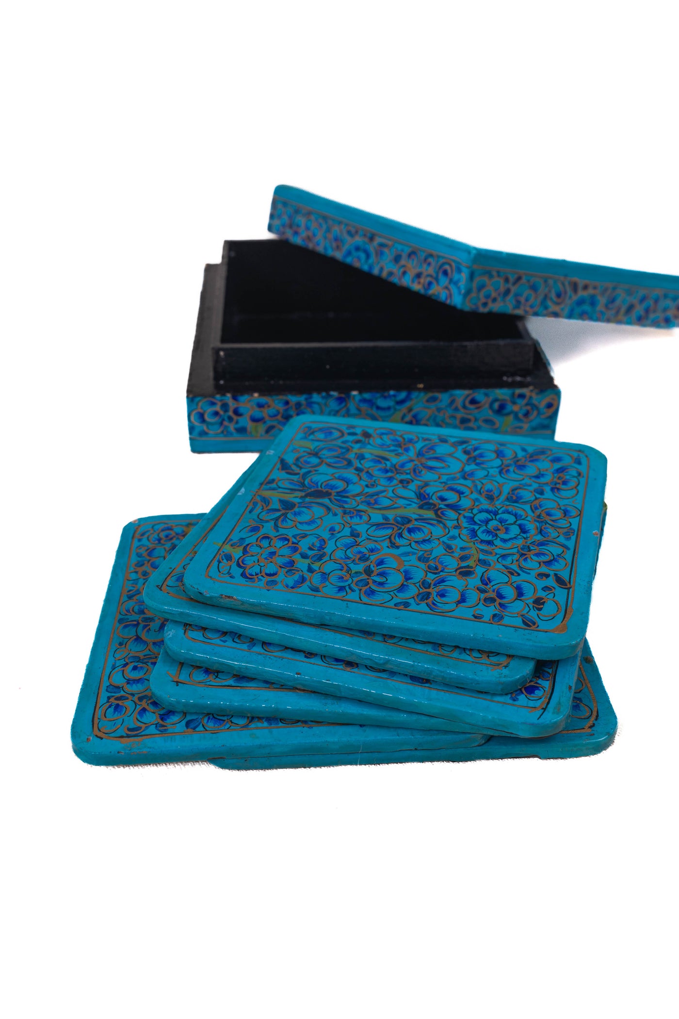 Azure Bloom Hand-Painted Paper Mache Coasters with Matching Box