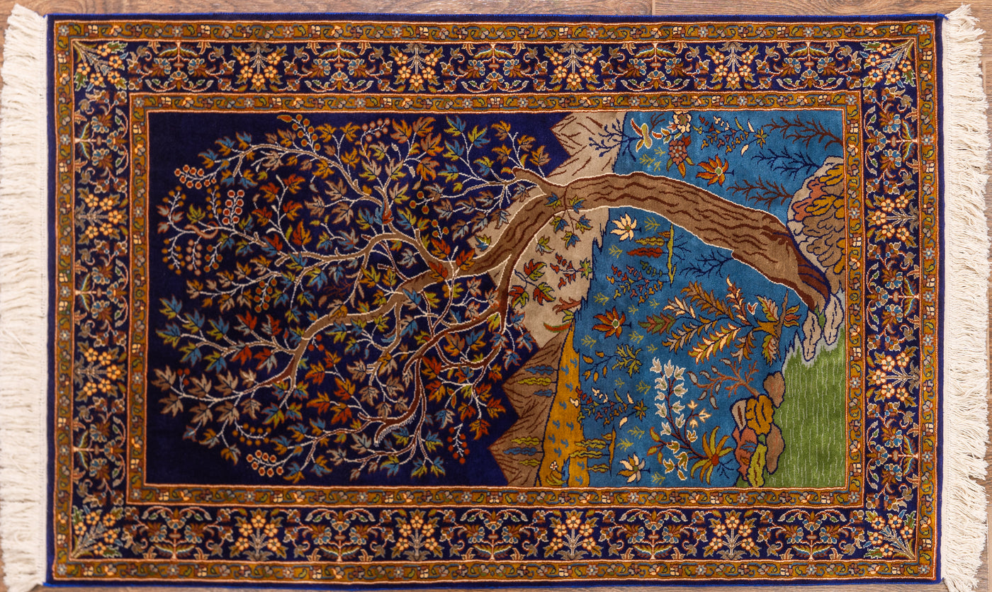 Nature’s Serenade Tree of Life Carpet - Hand Knotted Pure Silk Kashmiri Carpet (2.5ft * 4ft)