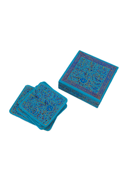 Azure Bloom Hand-Painted Paper Mache Coasters with Matching Box