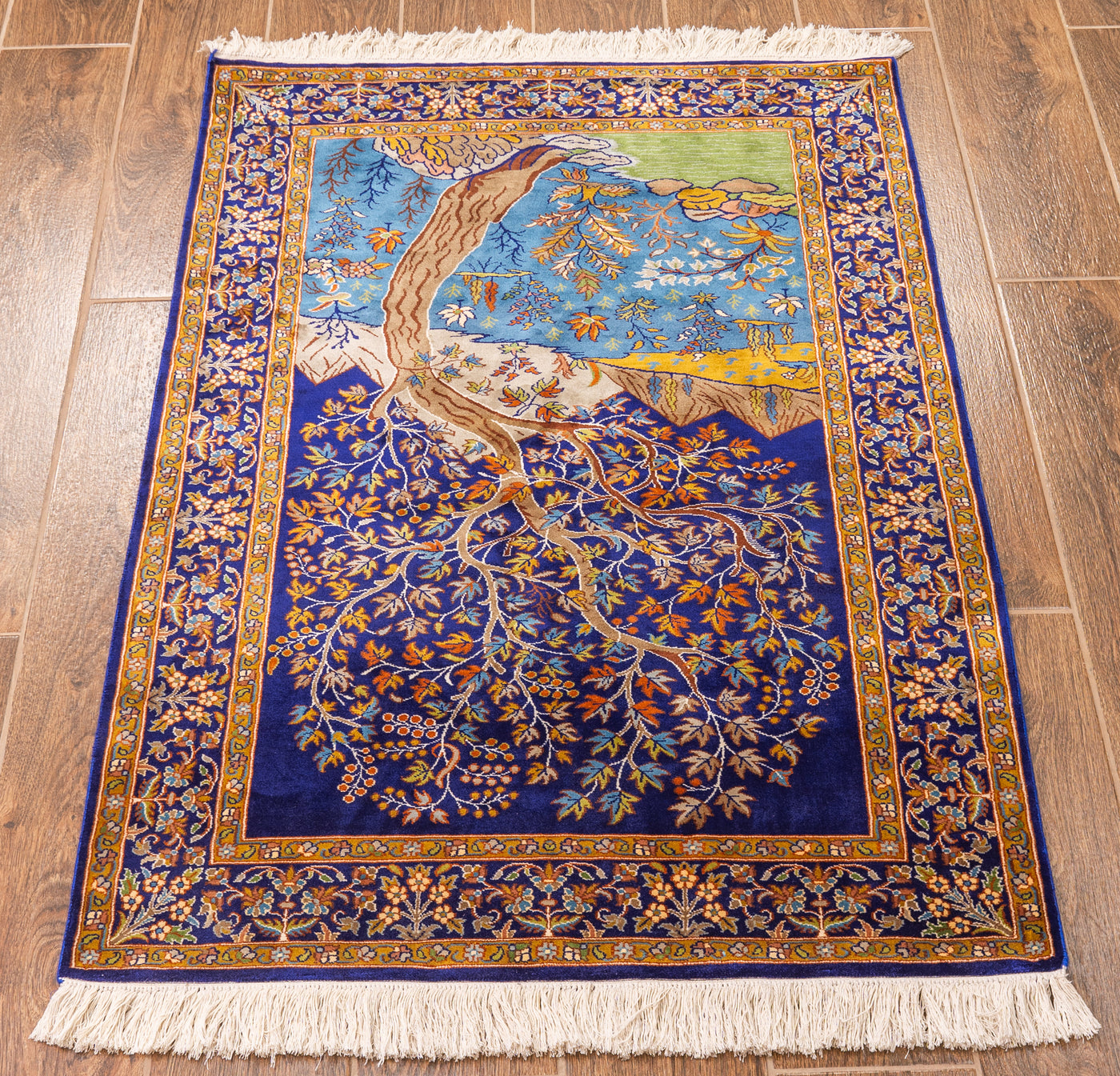 Nature’s Serenade Tree of Life Carpet - Hand Knotted Pure Silk Kashmiri Carpet (2.5ft * 4ft)