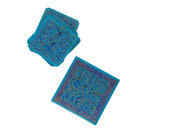 Azure Bloom Hand-Painted Paper Mache Coasters with Matching Box