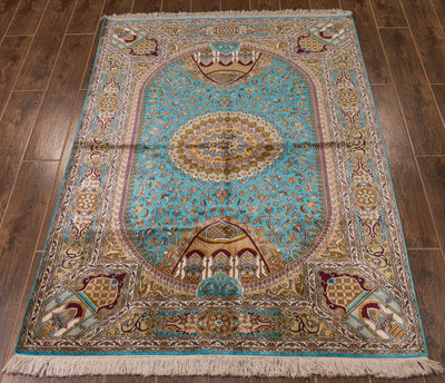 Turquoise Medallion Carpet - Hand Knotted Pure Silk Kashmiri Carpet (4ft * 6ft)