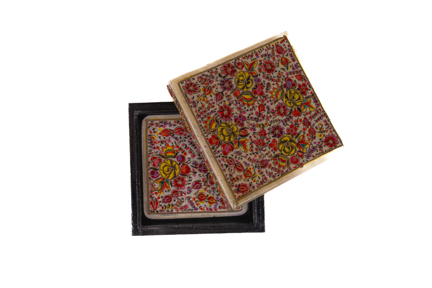 Golden Blossom Hand-Painted Paper Mache Coaster Set with Box