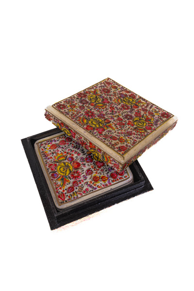 Golden Blossom Hand-Painted Paper Mache Coaster Set with Box