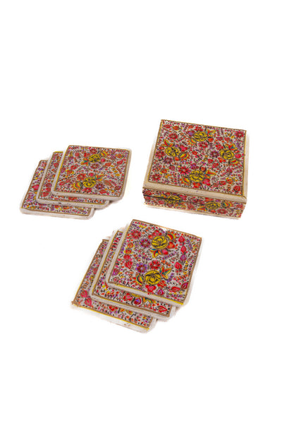 Golden Blossom Hand-Painted Paper Mache Coaster Set with Box