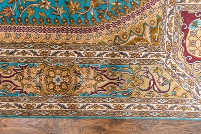 Turquoise Medallion Carpet - Hand Knotted Pure Silk Kashmiri Carpet (4ft * 6ft)