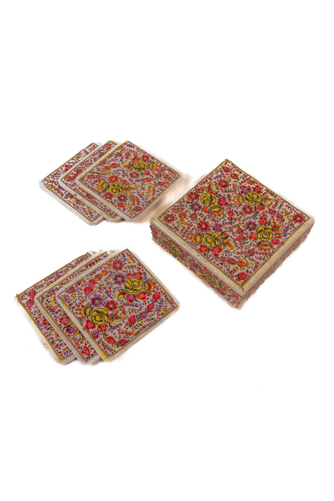 Golden Blossom Hand-Painted Paper Mache Coaster Set with Box