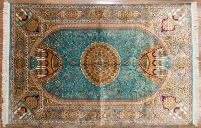 Turquoise Medallion Carpet - Hand Knotted Pure Silk Kashmiri Carpet (4ft * 6ft)