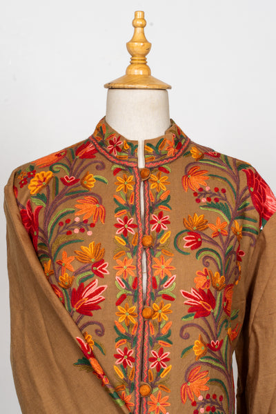 Hand Aari Embroidered Jacket in Earthy Brown