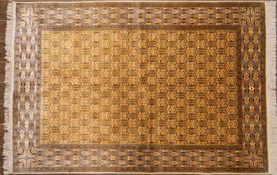 Golden Harmony Geometric Carpet - Hand Knotted Pure Silk Kashmiri Carpet (4ft * 6ft)