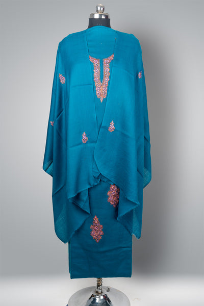 Aab-e-Sozni: Kashmiri Hand Embroidered Teal Suit with Sozni Embroidery