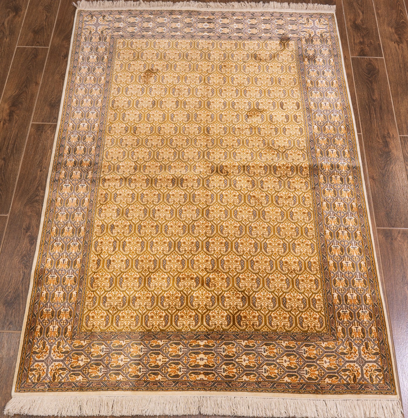 Golden Harmony Geometric Carpet - Hand Knotted Pure Silk Kashmiri Carpet (4ft * 6ft)