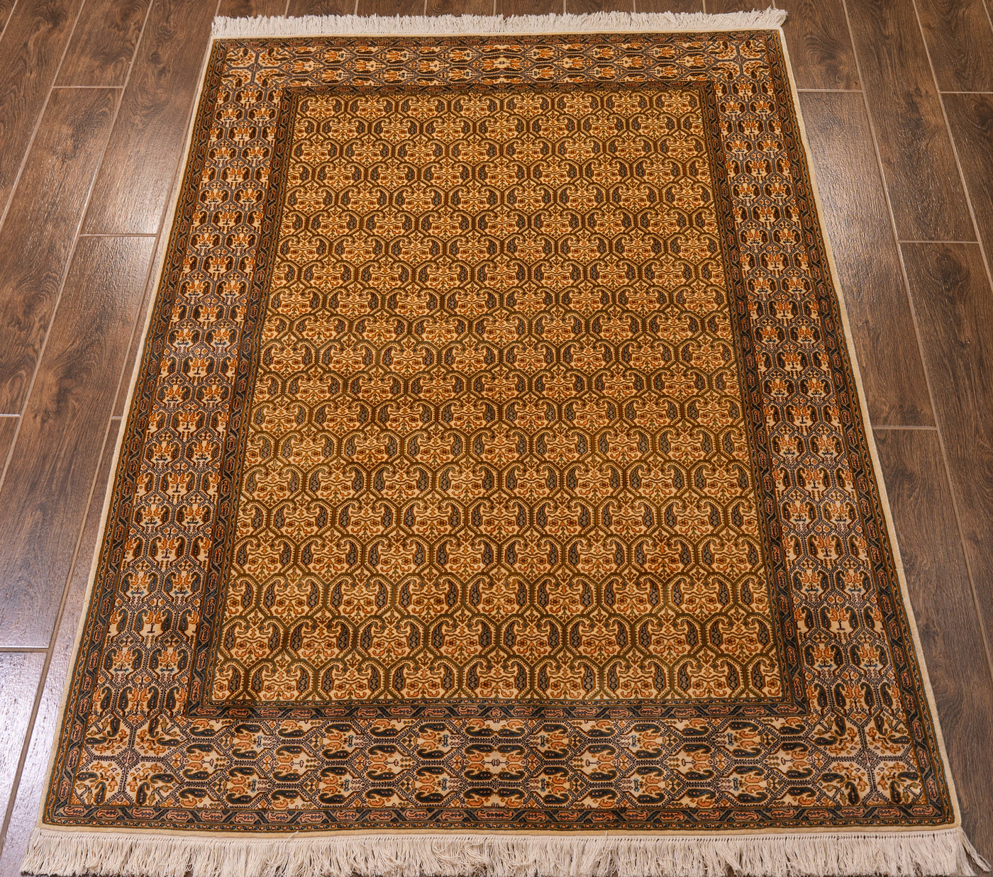 Golden Harmony Geometric Carpet - Hand Knotted Pure Silk Kashmiri Carpet (4ft * 6ft)